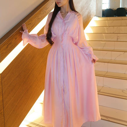 Puff Long Sleeve Gathered Waist Button Front Flowy Dress