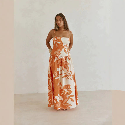 Printed Off-shoulder Slim-fit Strap Dress