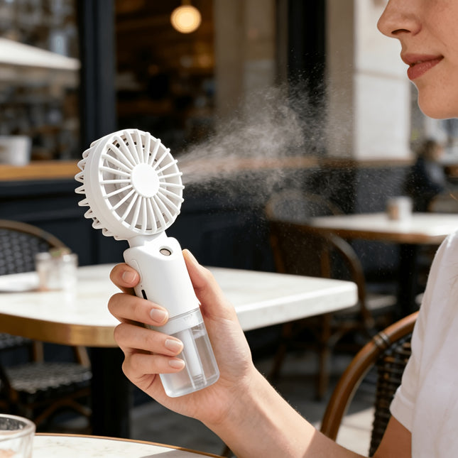 1 stuk draagbare 2-in-1 ventilator + luchtbevochtiger met bevochtigingsfunctie, USB-oplaadbare persoonlijke koelventilator, mini luchtbevochtigerventilator geschikt voor thuis, kantoor en reizen - XdropX