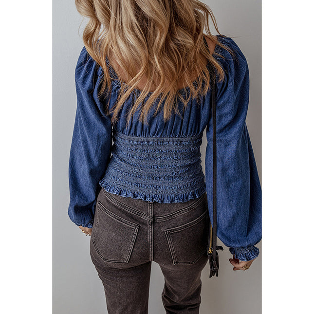 Women's V-neck Denim Long-sleeved Tops - XdropX