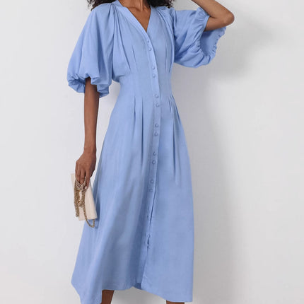 Women's Cotton V-neck Puffed-sleeve Dress