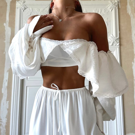 Square Neck Tie-up Lace-trimmed Crop Shirt