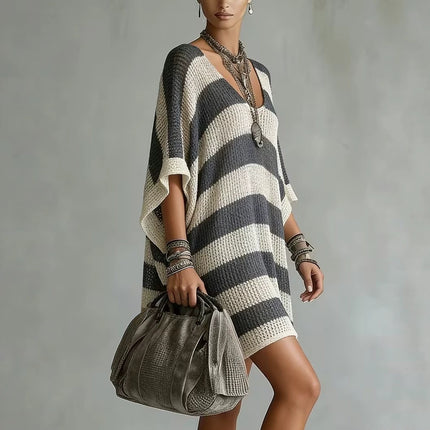 Plus-size Knit Sweater With A V-neck Puff Sleeves And A Color-block Design Relaxed Fit