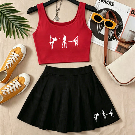 Dames  naadloze mouwloze crop top met diepe V-hals en paaldanseres-patroonprint en casual hoge taille eenvoudige mooie veelzijdige minirok, comfortabele zachte ademende skaterrok, Y2K-stijl, voor thuis, uitjes en straatfotografie, geschikt voor lente, zo