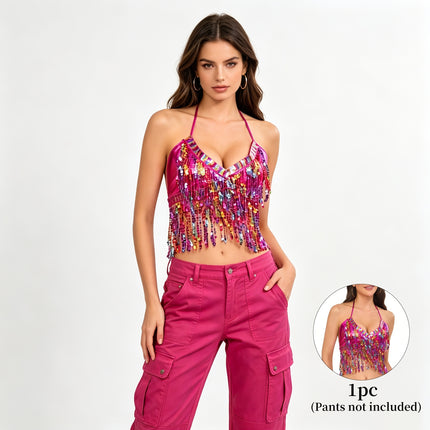 1 stuk Handgemaakt Boheems Buikdanskostuum met Paillettenrok & Kwastjes - Rugvrij Sari Geschikt voor Rave, Carnaval, Nachtcluboptredens, Strandfeesten, Etnische Festivaloutfits voor Dames, Retro Uitgaansleven Dansoutfitaccessoires