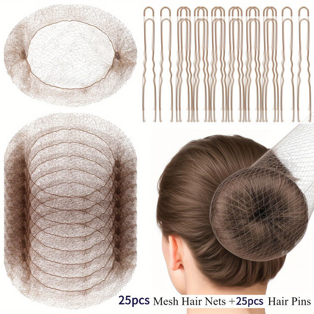 50-delige Haaraccessoireset: 25 Onzichtbare Mesh Haarnetjes en 25 U-vormige Haarclips, Geschikt voor Vrouwen, Balletproducties en Dans. Haarnet - 50,8 cm, Haarclip - 6,1 cm. Vakantiecadeau, Stijlvol voor op Reis - XdropX