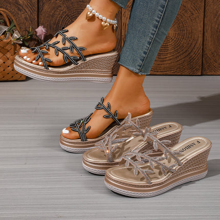 Nieuwe zomerse stijl sleehaksandalen voor dames met strass bladaccent, instappers met plateauzool, modieus en opvallend voor feesten, uitjes, woon-werkverkeer, handig en veelzijdig, damesschoenen