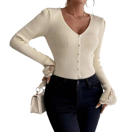 Elegant V-neck Knitted Lace Sweater