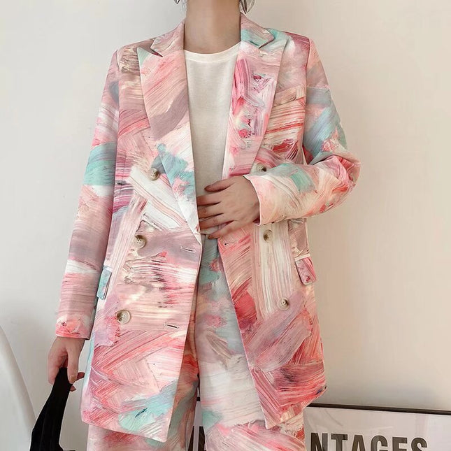 Graffiti Printing Double Breasted Blazer For Women - XdropX