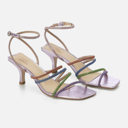 Multicolor Crystal Leather Sandals – 8 cm Heeled Strappy Design-2