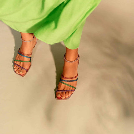 Multicolor Crystal Leather Sandals – 8 cm Heeled Strappy Design-3