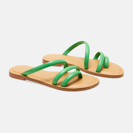 Flache Kalbsledersandalen – minimalistische Damenpantoletten mit drei Riemen