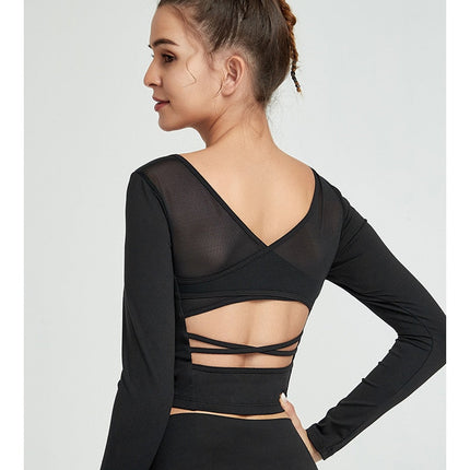 Mesh Patchwork Padded Sport Yoga Long Sleeved Crop Top Women-3