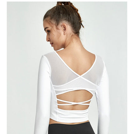 Mesh Patchwork Padded Sport Yoga Long Sleeved Crop Top Women-0