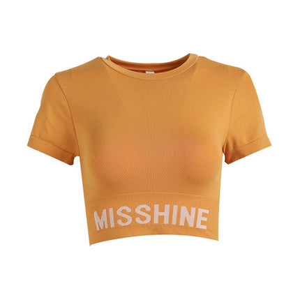 Yoga Top Seamless Yoga Shirt Short Sleeve Crop Top Women Sport Shirt Gym Girl Top Running T-shirt Fashion Letters Fitness Shirts-1
