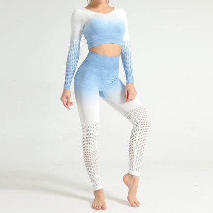 Ombre Seamless 2 PCS Set Women Sport Suit Gym Workout Long Sleeve Shirts Fitness Crop Top Scrunch Butt Leggings Hollow Yoga Set-0