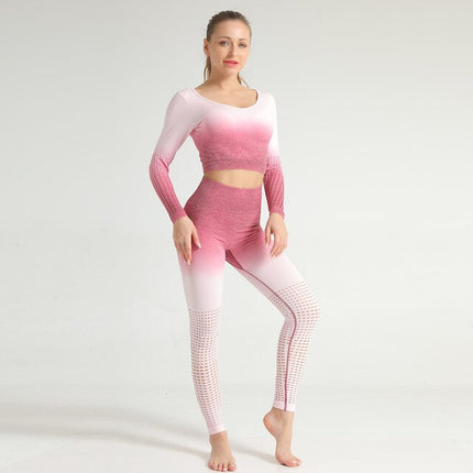Ombre Seamless 2 PCS Set Women Sport Suit Gym Workout Long Sleeve Shirts Fitness Crop Top Scrunch Butt Leggings Hollow Yoga Set-8