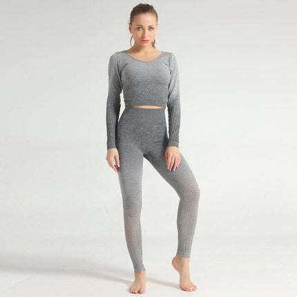 Ombre Seamless 2 PCS Set Women Sport Suit Gym Workout Long Sleeve Shirts Fitness Crop Top Scrunch Butt Leggings Hollow Yoga Set-9