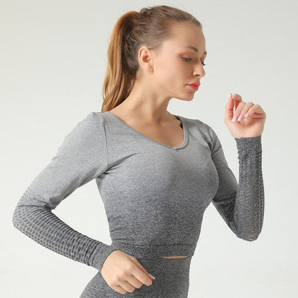 Ombre Seamless 2 PCS Set Women Sport Suit Gym Workout Long Sleeve Shirts Fitness Crop Top Scrunch Butt Leggings Hollow Yoga Set-6