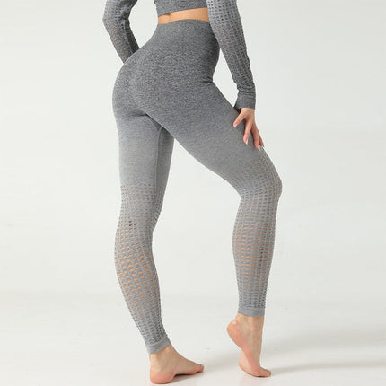 Ombre Seamless 2 PCS Set Women Sport Suit Gym Workout Long Sleeve Shirts Fitness Crop Top Scrunch Butt Leggings Hollow Yoga Set-13