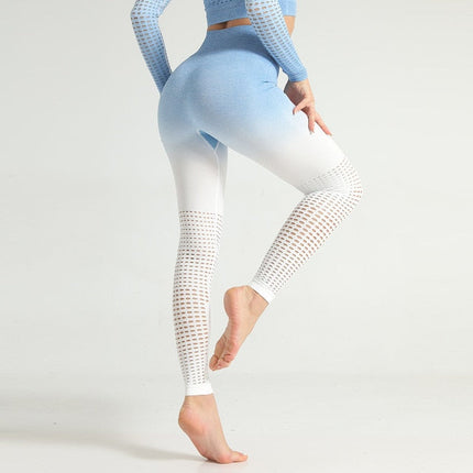 Ombre Seamless 2 PCS Set Women Sport Suit Gym Workout Long Sleeve Shirts Fitness Crop Top Scrunch Butt Leggings Hollow Yoga Set-16