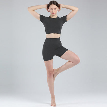 Women Short Sleeve Shirt Yoga Set 2PCS Vital Seamless Sport Suit Gym Clothes Fitness Crop Top Shirt High Waist Shorts Tights-10