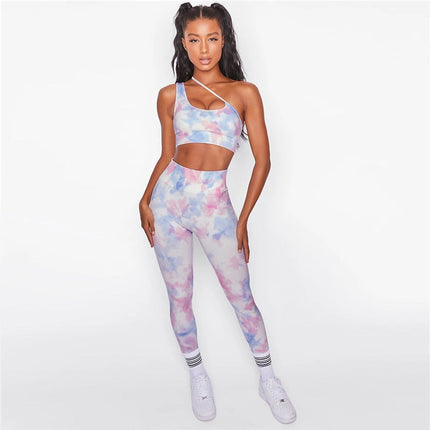 Tie Dye Print 2 Piece Set Women Yoga Suit One Shoulder Vest Bra Top Fitness Leggings GYM Workout Sport Pants Tracksuit-1