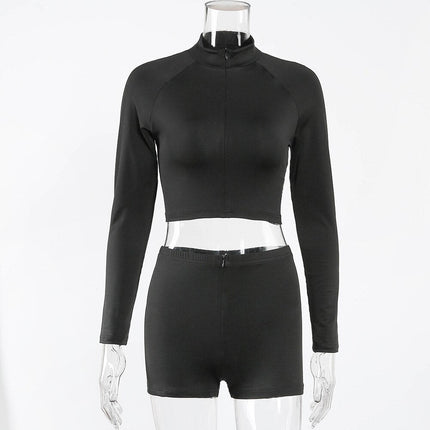 Seamless Black Yoga Set Women Gym Clothes Fashion Long Sleeve Zipper Crop Top Shorts Suit Push Up Workout Training Tracksuit-1