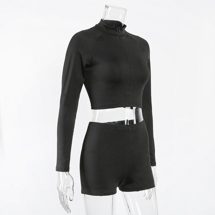Seamless Black Yoga Set Women Gym Clothes Fashion Long Sleeve Zipper Crop Top Shorts Suit Push Up Workout Training Tracksuit-3