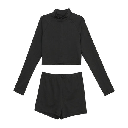 Seamless Black Yoga Set Women Gym Clothes Fashion Long Sleeve Zipper Crop Top Shorts Suit Push Up Workout Training Tracksuit-4