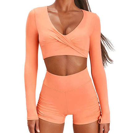 Autumn Solid Yoga Suit Gym Fitness Two Piece Set Long Sleeve Crop Top Shorts Tracksuit Fashion Running Sports Dance Energy Set-0