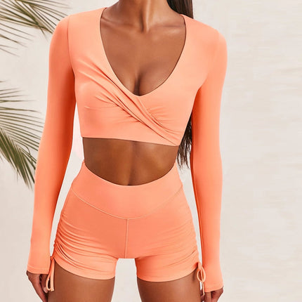 Autumn Solid Yoga Suit Gym Fitness Two Piece Set Long Sleeve Crop Top Shorts Tracksuit Fashion Running Sports Dance Energy Set-6