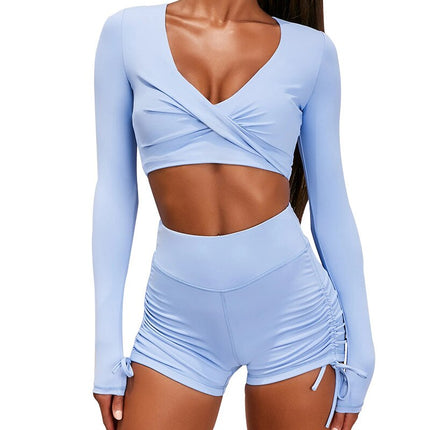 Autumn Solid Yoga Suit Gym Fitness Two Piece Set Long Sleeve Crop Top Shorts Tracksuit Fashion Running Sports Dance Energy Set-2