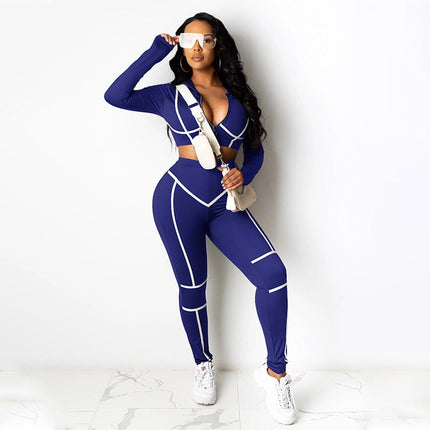 Autumn Striped Two Piece Set Tracksuit For Women Long Sleeve Crop Top Long Pants Jogging Outdoor Sports Suit Casual Sports Suit-0