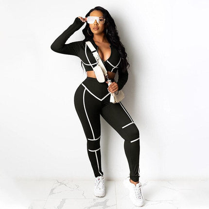 Autumn Striped Two Piece Set Tracksuit For Women Long Sleeve Crop Top Long Pants Jogging Outdoor Sports Suit Casual Sports Suit-4