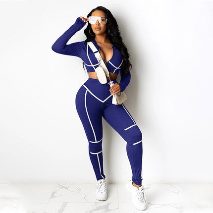 Autumn Striped Two Piece Set Tracksuit For Women Long Sleeve Crop Top Long Pants Jogging Outdoor Sports Suit Casual Sports Suit-7