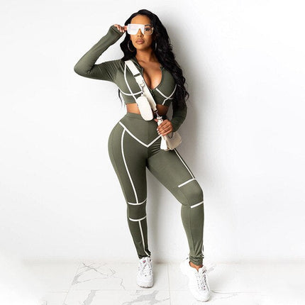 Autumn Striped Two Piece Set Tracksuit For Women Long Sleeve Crop Top Long Pants Jogging Outdoor Sports Suit Casual Sports Suit-6