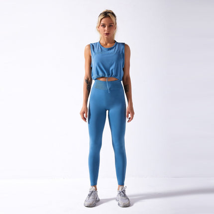 Sportswear Yoga Set Women GYM Clothing Solid Loose Tank Drawstring Crop Top Leggings Set Workout Running Fitness Tracksuit-2