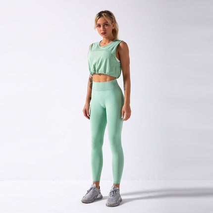 Sportswear Yoga Set Women GYM Clothing Solid Loose Tank Drawstring Crop Top Leggings Set Workout Running Fitness Tracksuit-15