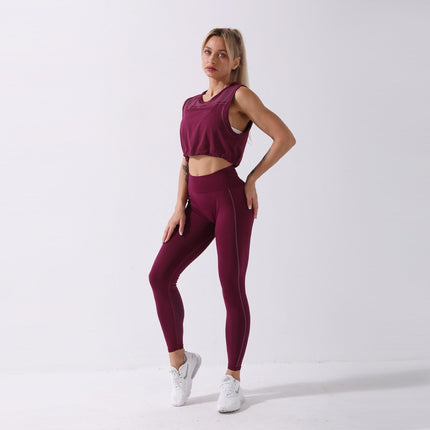 Sportswear Yoga Set Women GYM Clothing Solid Loose Tank Drawstring Crop Top Leggings Set Workout Running Fitness Tracksuit-18