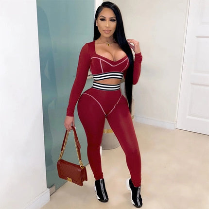 Striped Patchwork Sportswear Yoga Set Autumn Workout Gym Fitness Tracksuit Long Sleeve Crop Top High Elastics Leggings 2 PCS-4