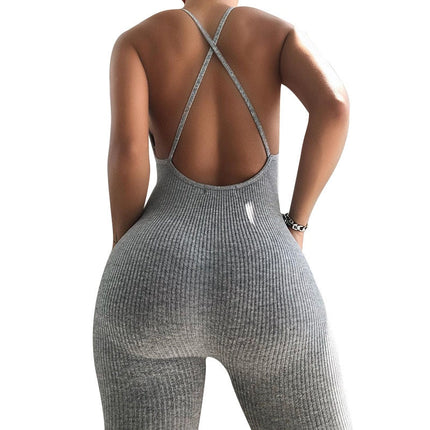 Women Solid Ribbing Yoga Jumpsuit Cami Top Shorts Romper Kintted Fashion Bodycon One Piece Workout Push Up Sport Energy Playsuit-0