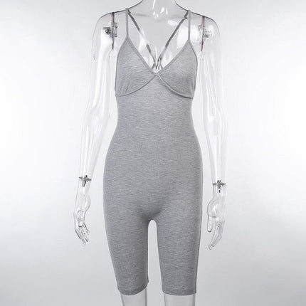 Women Solid Ribbing Yoga Jumpsuit Cami Top Shorts Romper Kintted Fashion Bodycon One Piece Workout Push Up Sport Energy Playsuit-6
