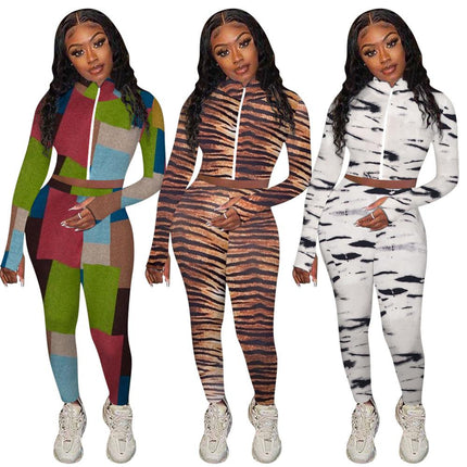 Autumn Print Sports Tracksuit Long Sleeve Zipper Crop Top Pencil Pants Two Piece Set Sports Gym Fitness Casual Bodycon Outfits-0