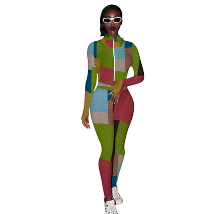 Autumn Print Sports Tracksuit Long Sleeve Zipper Crop Top Pencil Pants Two Piece Set Sports Gym Fitness Casual Bodycon Outfits-5