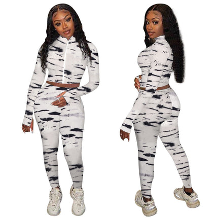 Autumn Print Sports Tracksuit Long Sleeve Zipper Crop Top Pencil Pants Two Piece Set Sports Gym Fitness Casual Bodycon Outfits-3