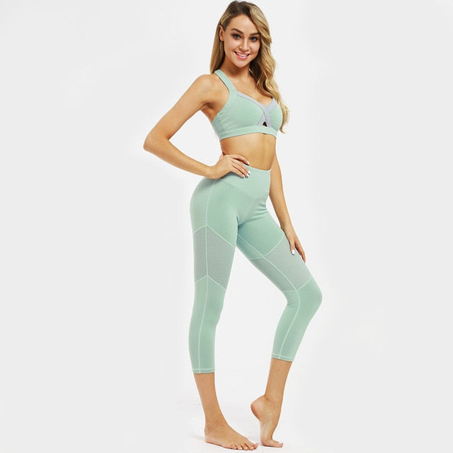 Women Solid Yoga Set Gym Sports Fitness Tracksuit Tank Crop Top Leggings Two Piece Set Running Training Workout Push Up Sporty-3