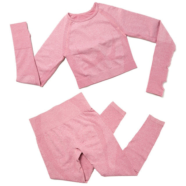 Gym Sport Outfits Yoga Clothing Set Women Long Sleeves Fitness Shirt Seamless Leggings Running Suit Workout Tracksuit Activewear-0