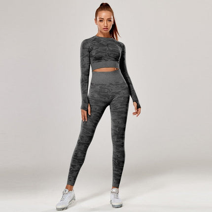 Yoga Set 2 Piece Sport Outfits Gym Activewear Long Sleeve Crop Top + Yoga Pants Running Leggings Suits Workout Tracksuits-8
