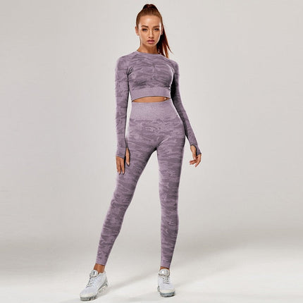 Yoga Set 2 Piece Sport Outfits Gym Activewear Long Sleeve Crop Top + Yoga Pants Running Leggings Suits Workout Tracksuits-6
